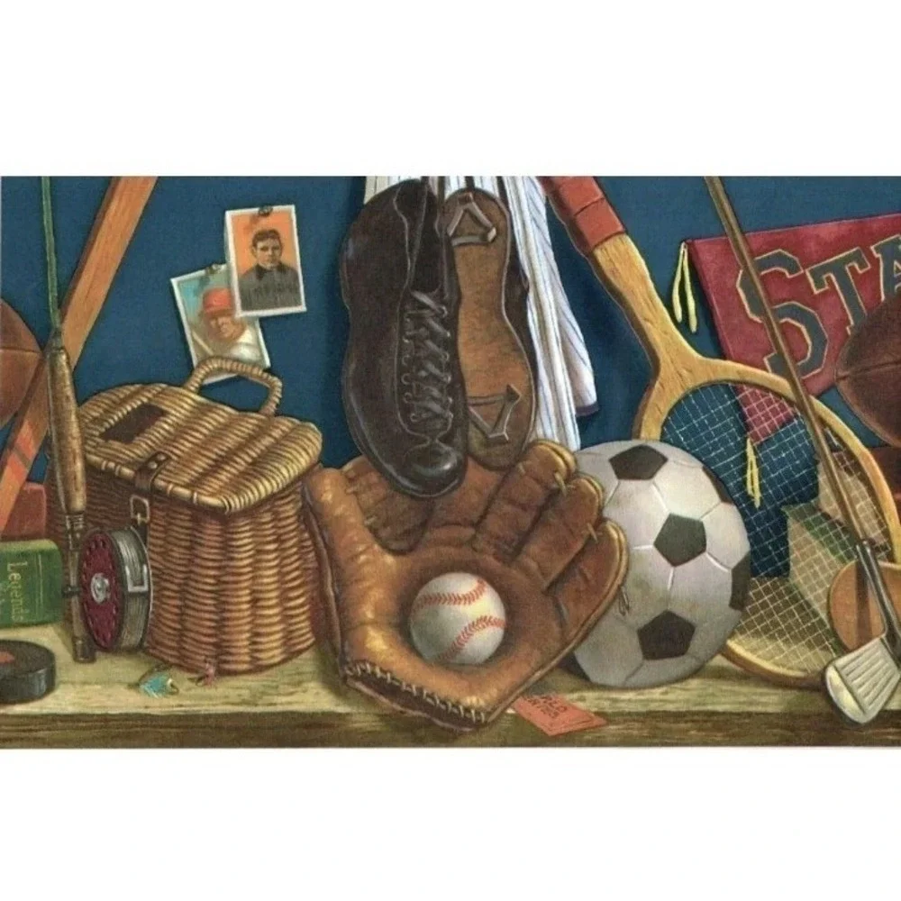 Vintage All Sports Ball Fishing Golf Soccer Blue Wall Paper Border Lot Of 2 New
